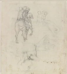Estudios de un Caballo con Dos Jinetes Desnudos y un Torso Masculino